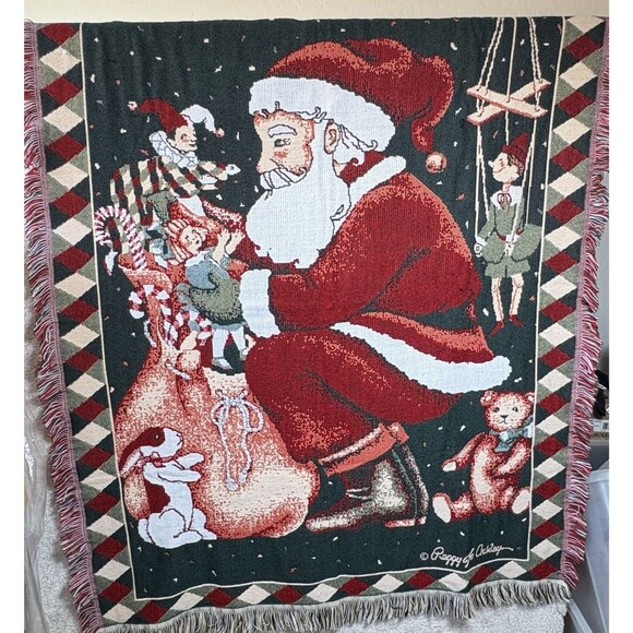 Christmas Throw Blanket Santas Workshop Tapestry Peggy Ackley Fringe 56 x 43 - Picture 1 of 3